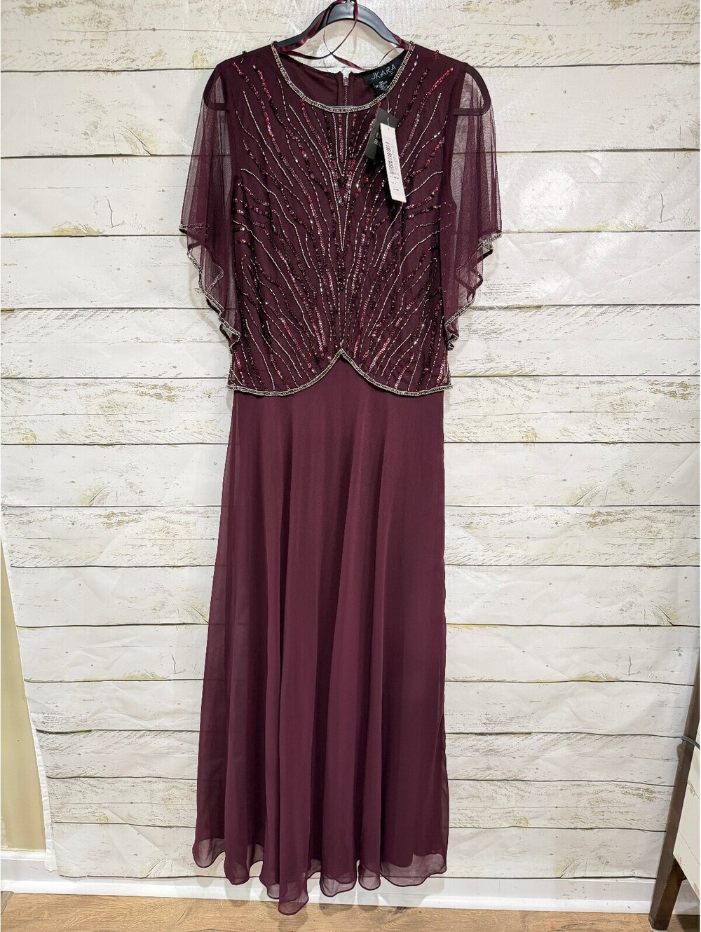 J Kara Women's Flutter Sleeve Mock 2 Piece Embellished Dress Wine NWT Size 8